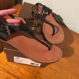 Coach Black Braided Leather Thong Sandals with Tan Footbed